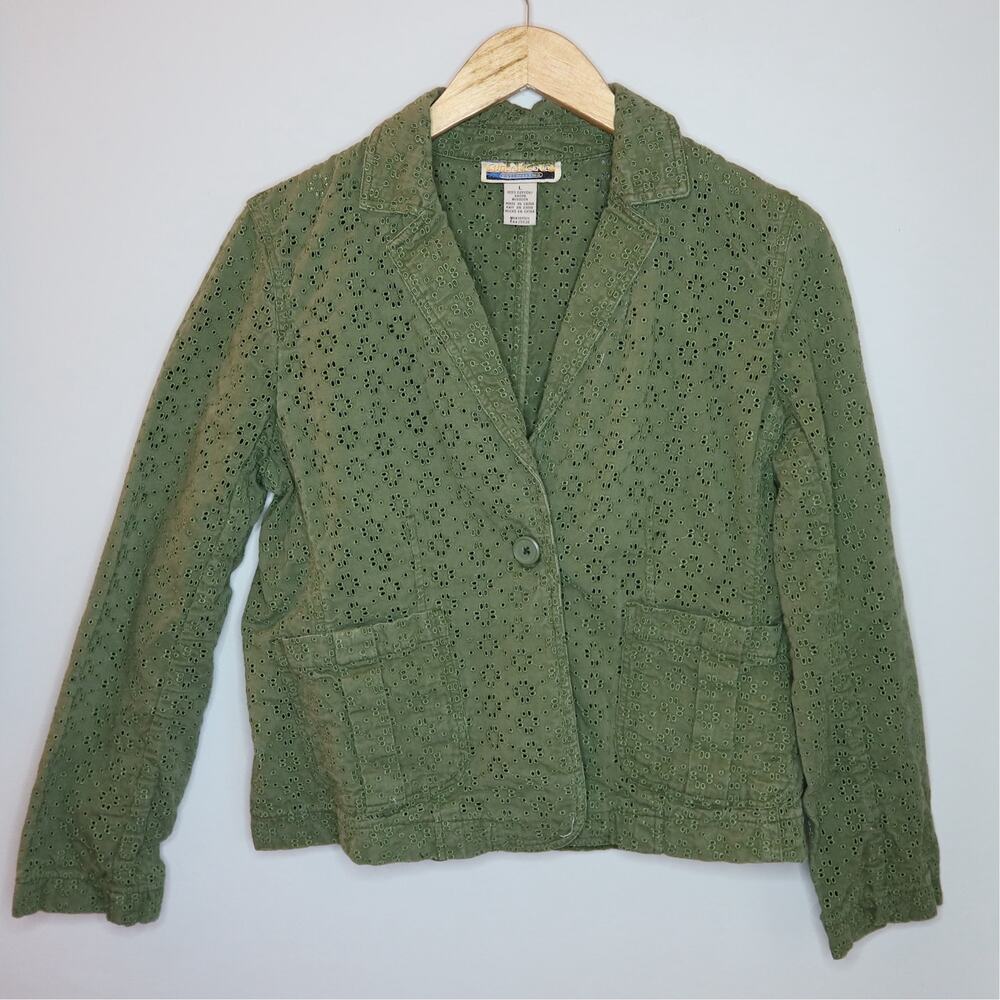 Sunset Cove Sage Green Eyelet Blazer Cropped Cotton Jacket Womens L